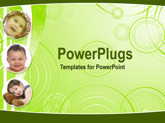 PowerPoint Template With <span>Collage of Three Animated Depictions  of Happy Babies, Baby Girl with Hat Smiling, Smiling Baby Boy, Baby with Stuffed</span>