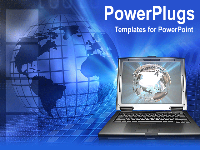 PowerPoint Template With <span>Blue Moving Graphics Laptop World Globe Business Teamwork Internet Technology</span>