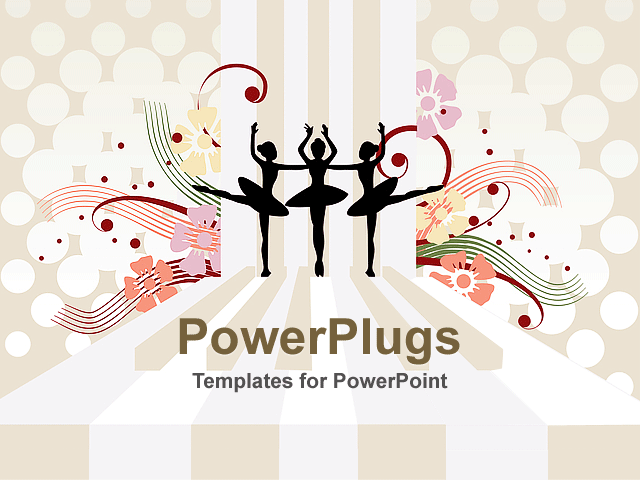PowerPoint Template With <span>Silhouettes of 3 Ballerinas Dancing on Piano Key Floor, Flowers, Polka Dots</span>