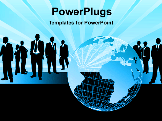 PowerPoint Template With <span>Silhouetted Business Men Standing Casually Around a Globe with Animated Blue Background</span>