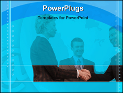 Group of Three Smiling Business People Making Deal on Blue Background Bordered by Animated Circles