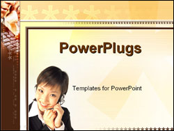 Smiling Woman Adjusting Telephone Headset on Brown Background with Asterisks